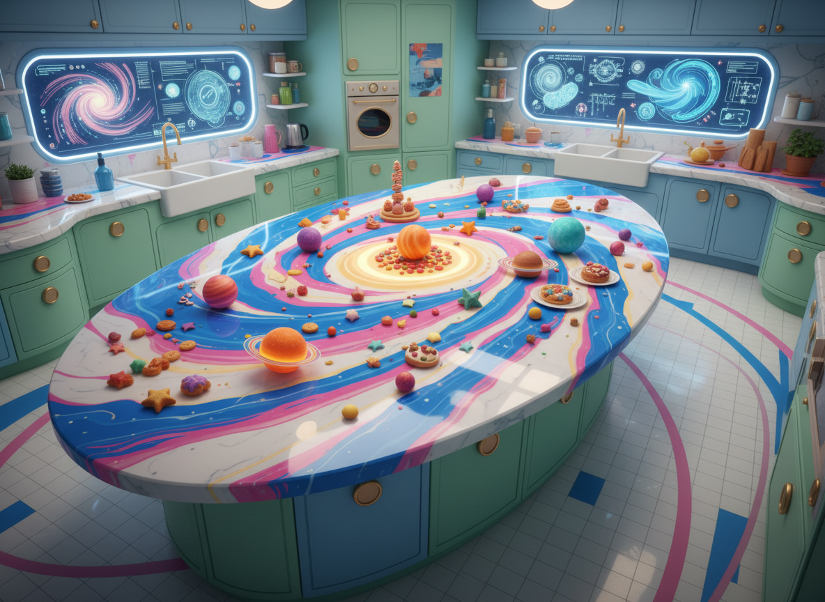 A gleaming galaxy-shaped countertop rendered in glossy marble, swirling with vibrant streaks of brilliant cobalt blues, pinks, and sunny yellows. Scattered across the surface, whimsical miniature planets and colorful star-shaped food items dot the scene, each glowing as if lit from within. The countertop sits at the center of a cheerful, stylized kitchen filled with softly rounded cabinets and floating astrobiological diagrams on the walls. Gentle diffused studio lighting bathes the space, making the bright colors pop and casting friendly, rounded shadows. Captured from a slightly elevated, wide-angle view, the image feels playful and inviting, with energetic spirals leading the eye through the composition. The artistic style is bold, vivid, and delightfully whimsical—perfectly channeling the cosmic and culinary theme of the blog.