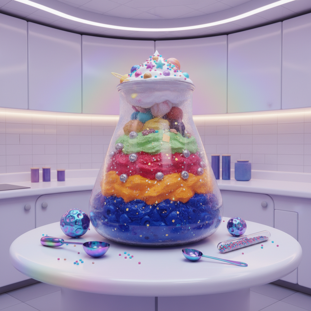 An oversized glass beaker, filled with layers of vibrantly colored ingredients resembling both a delicious parfait and stratified planetary layers, perched atop a sleek, rounded kitchen island. The beaker's surface is covered in condensation droplets, and its contents shimmer with otherworldly, edible sparkles. Beside it lie scattered utensils styled as asteroid-shaped scoops and test-tube measuring spoons. The kitchen is bathed in soft, rainbow-hued lighting that casts playful shadows and rainbow glints onto glossy tiles and the curved edges of the counter. Photographed from an eye-level perspective with centered composition, the image radiates curiosity and playful science, using energetic, rounded shapes and a bright, whimsical color palette.