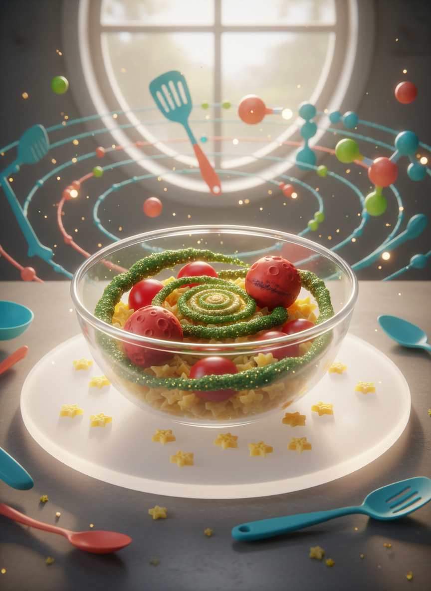 A transparent mixing bowl containing star-shaped pasta, plump tomatoes sculpted to resemble tiny Mars, and swirling pesto designed like a spiral galaxy, all nestled together on a rounded, luminescent cutting board. The background features orbiting rings of utensils and playful molecular models, animated in vibrant hues of turquoise, coral, and lime green. Illuminated by a splash of natural morning sunlight streaming through a curved kitchen window, the scene sparkles and glows. Captured from a close-up, overhead perspective, the image is energetic and joyful, using soft, rounded forms and a bright, whimsical style to emphasize the fun intersection of astrobiology and cooking.