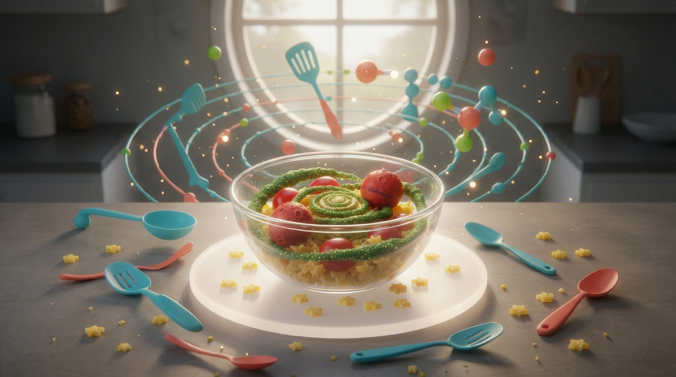 A transparent mixing bowl containing star-shaped pasta, plump tomatoes sculpted to resemble tiny Mars, and swirling pesto designed like a spiral galaxy, all nestled together on a rounded, luminescent cutting board. The background features orbiting rings of utensils and playful molecular models, animated in vibrant hues of turquoise, coral, and lime green. Illuminated by a splash of natural morning sunlight streaming through a curved kitchen window, the scene sparkles and glows. Captured from a close-up, overhead perspective, the image is energetic and joyful, using soft, rounded forms and a bright, whimsical style to emphasize the fun intersection of astrobiology and cooking.